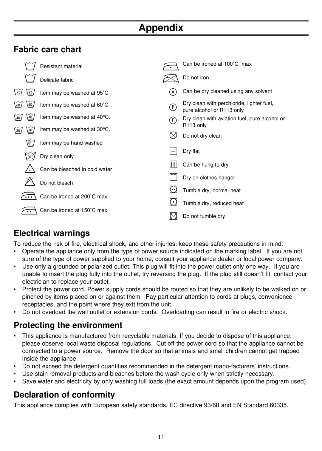 Samsung J843GW/YKW Appendix, Fabric care chart, Electrical warnings, Protecting the environment, Declaration of conformity 