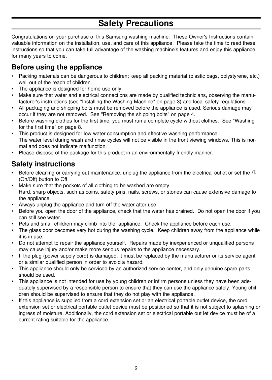 Samsung J843GW/YKJ, J1043EW/YON, J1043GW/YKJ, J843GW/YKW Safety Precautions, Before using the appliance, Safety instructions 