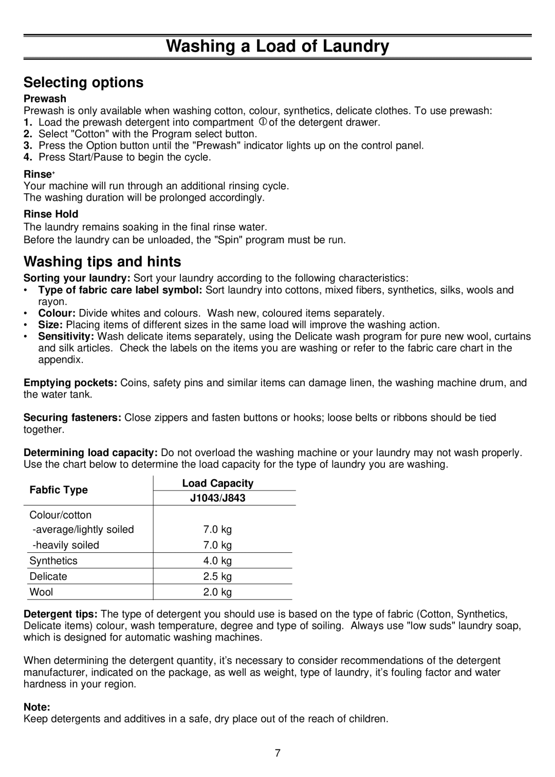 Samsung J843GW/YKW, J1043EW/YON, J1043GW/YKJ, J843GW/YKJ manual Selecting options, Washing tips and hints 