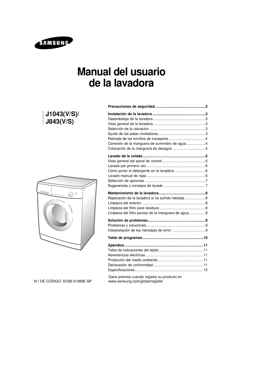 Samsung J1043GW/YGG manual Manual del usuario De la lavadora 