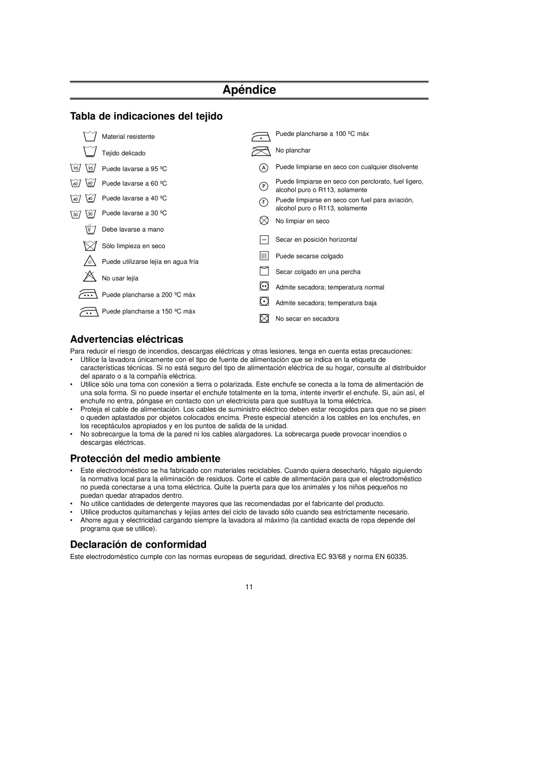 Samsung J1043GW/YGG Apéndice, Tabla de indicaciones del tejido, Advertencias eléctricas, Protección del medio ambiente 