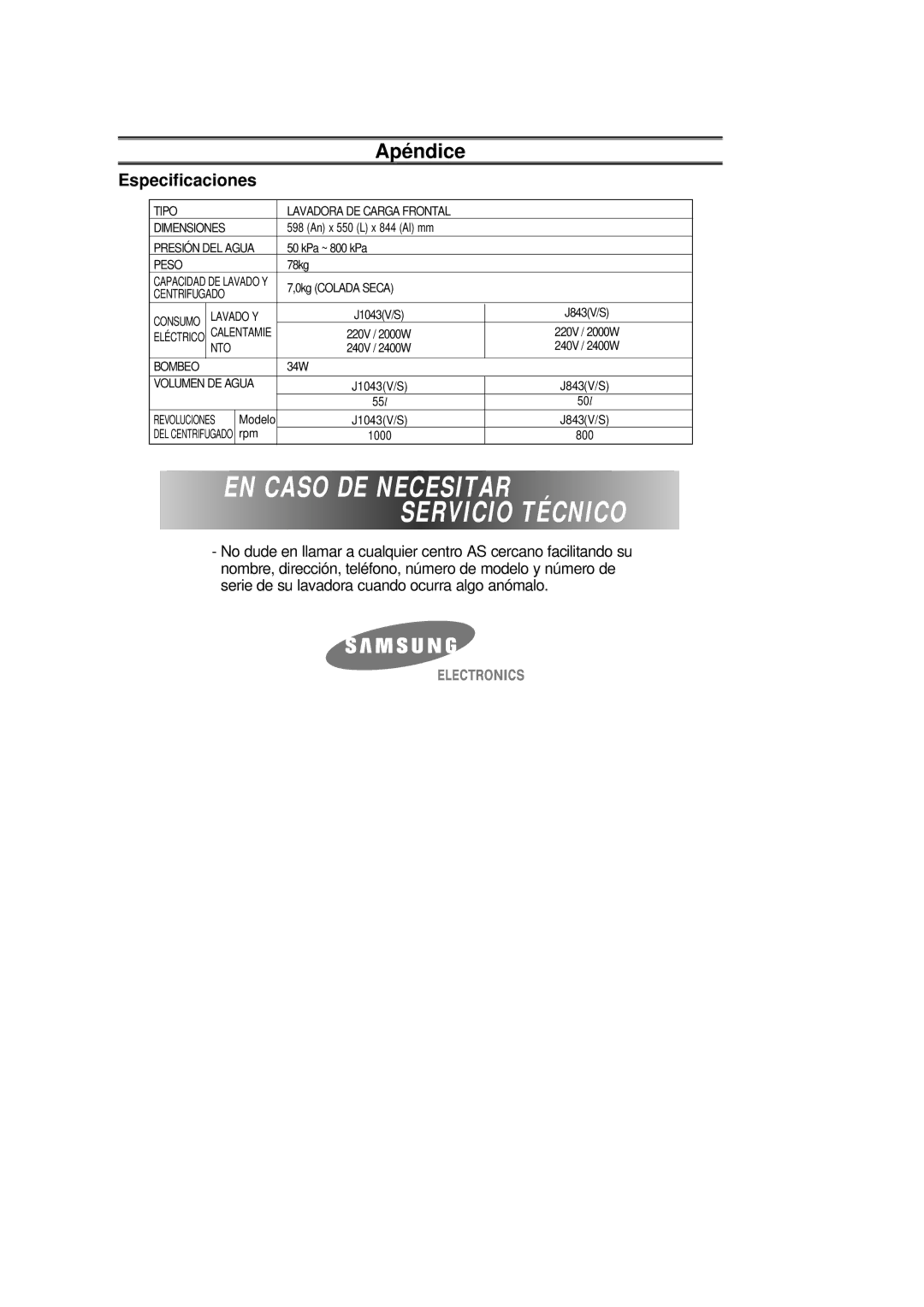 Samsung J1043GW/YGG manual Caso, Especificaciones 