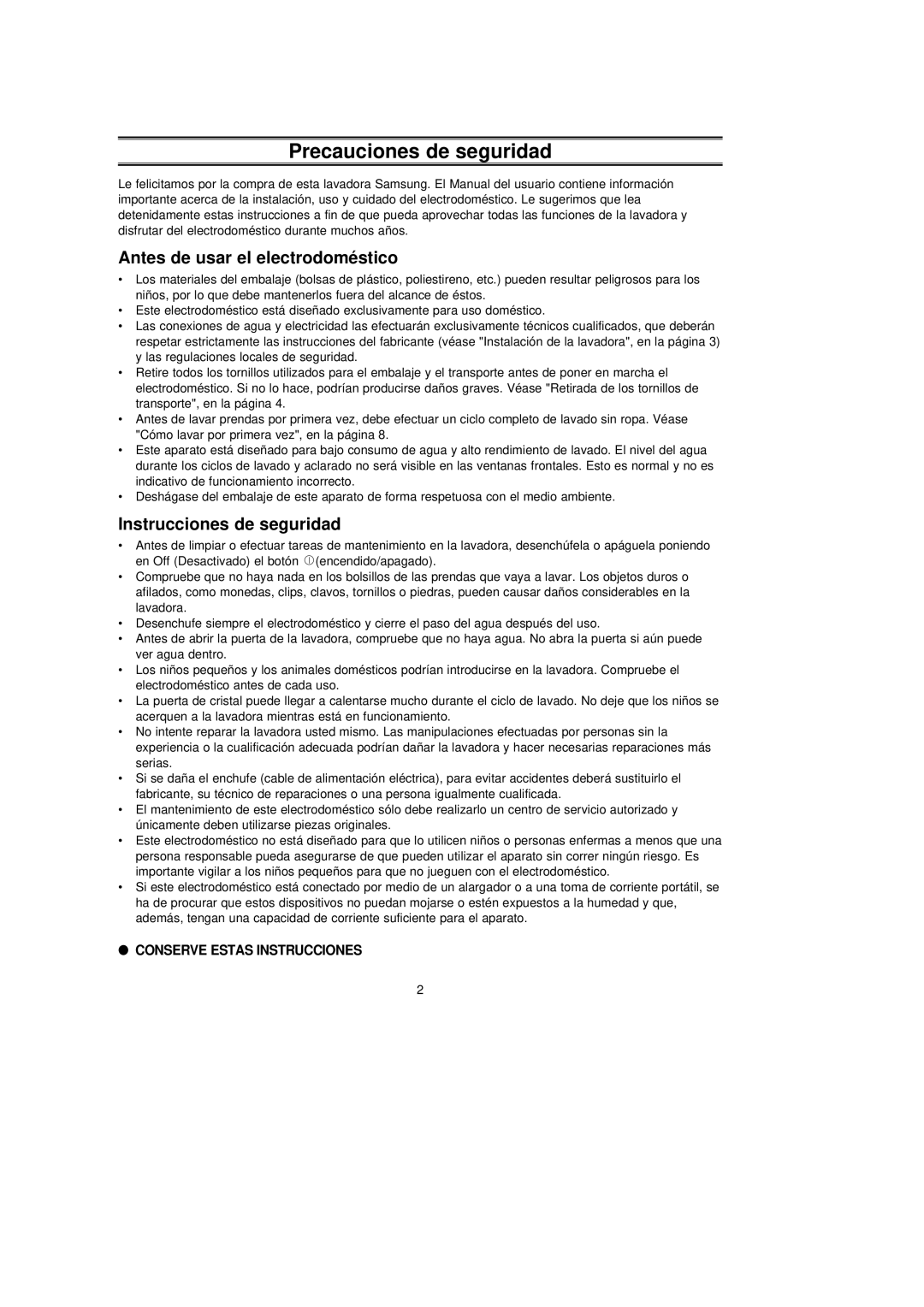 Samsung J1043GW/YGG manual Precauciones de seguridad, Antes de usar el electrodoméstico, Instrucciones de seguridad 