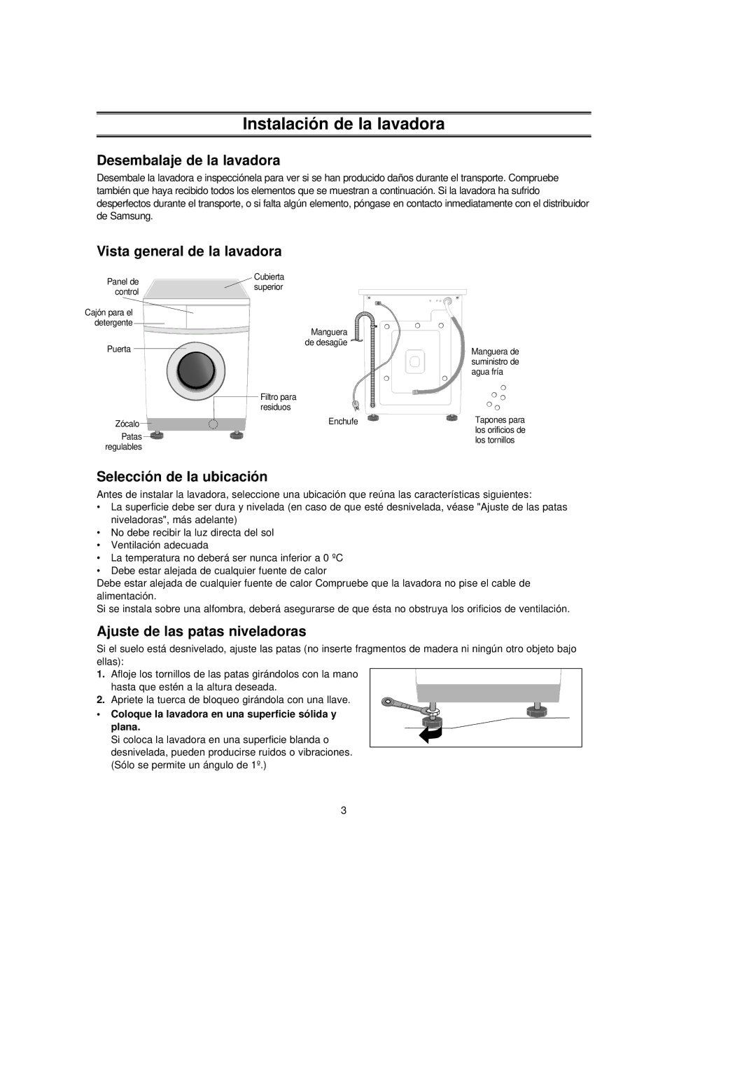 Samsung J1043GW/YGG manual Instalación de la lavadora, Desembalaje de la lavadora, Vista general de la lavadora 