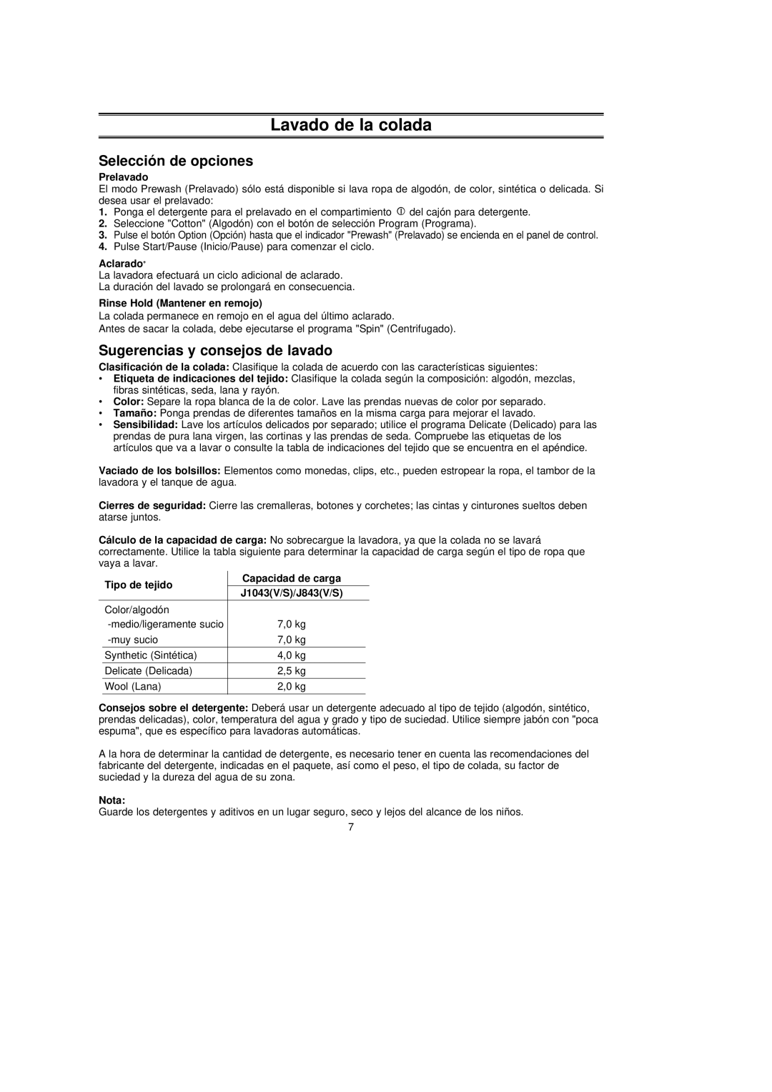 Samsung J1043GW/YGG manual Selección de opciones, Sugerencias y consejos de lavado 