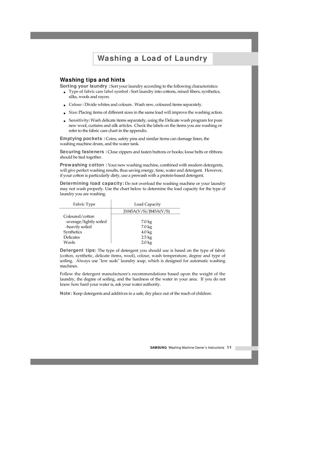 Samsung J1045AEW/YON manual Washing tips and hints, Fabric Type Load Capacity 