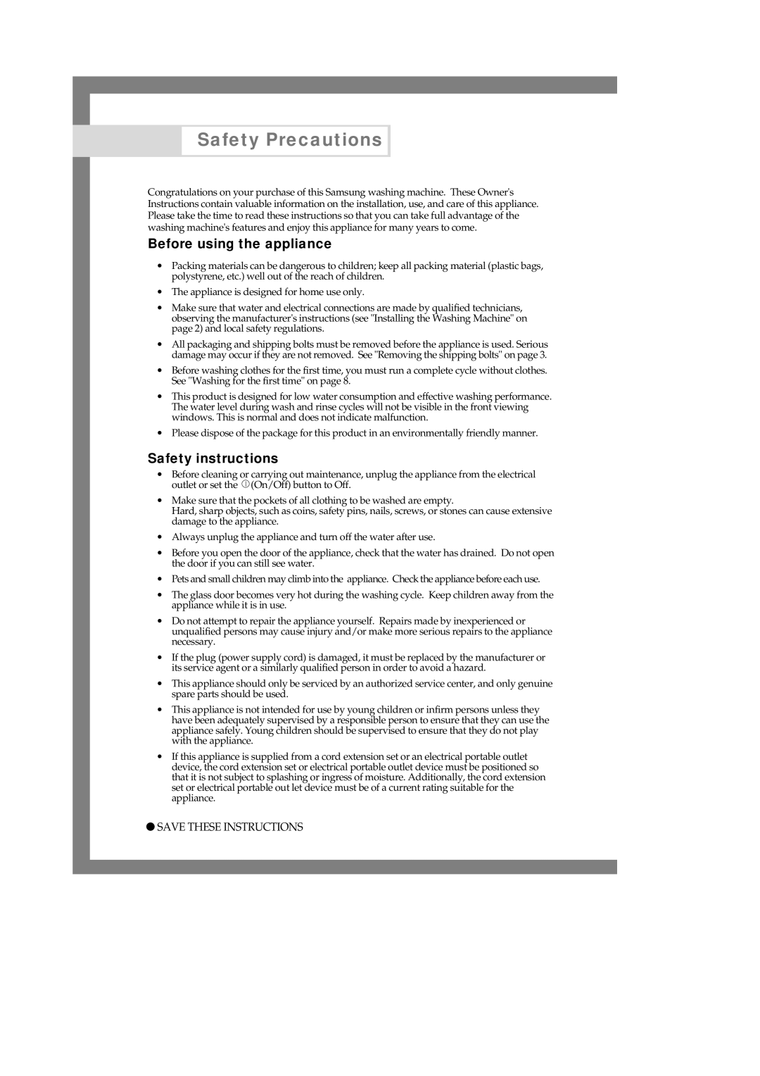 Samsung J1045AEW/YON manual Before using the appliance, Safety instructions 