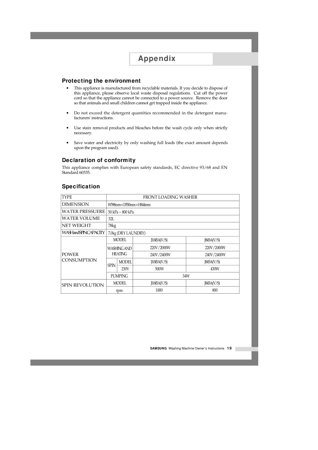 Samsung J1045AEW/YON manual Protecting the environment, Declaration of conformity, Specification 