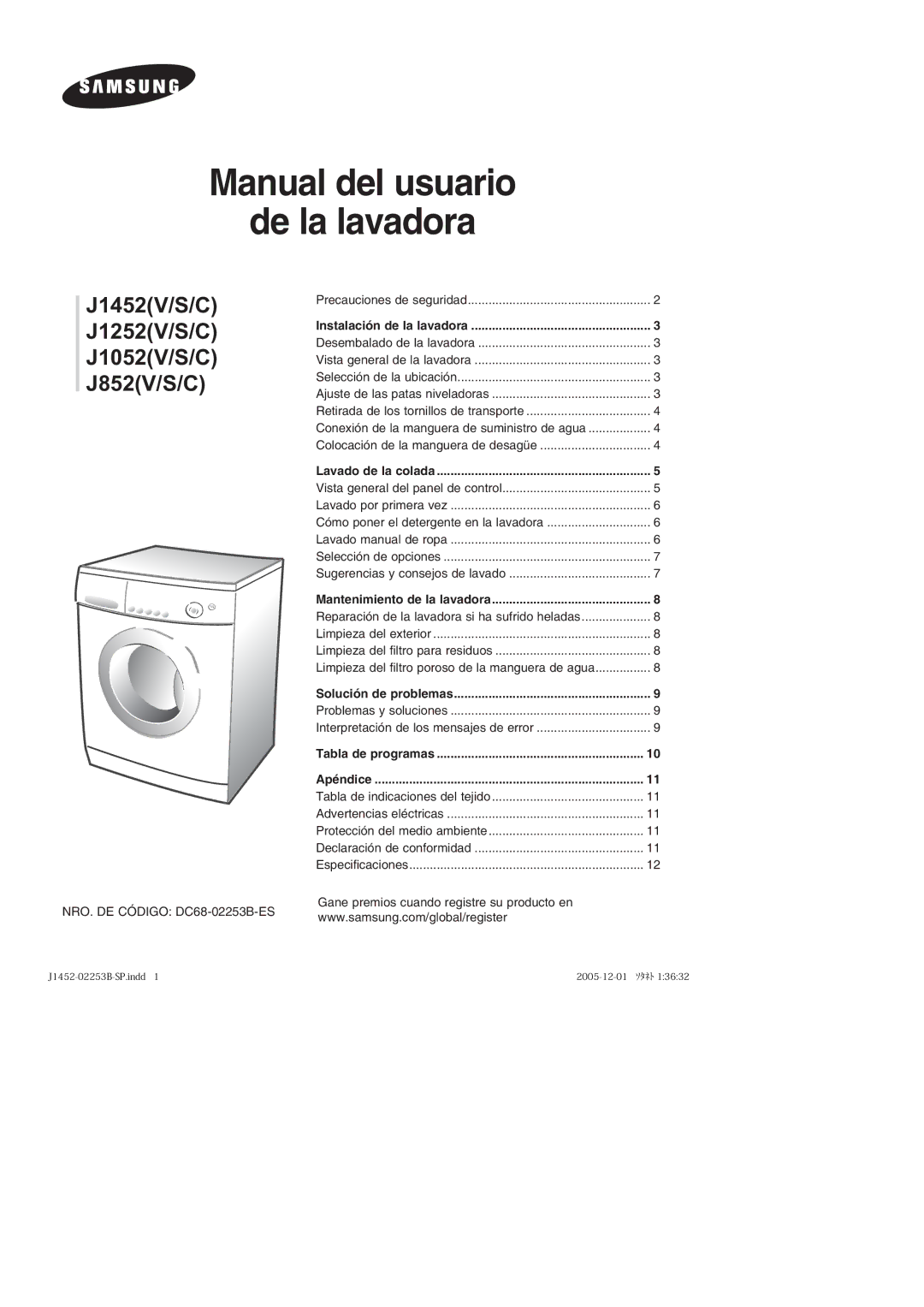 Samsung J852VGW1/XEC, J1052VGW1/XEC, J852VGW/XEC, J1052VGW/XEC manual Manual del usuario De la lavadora 