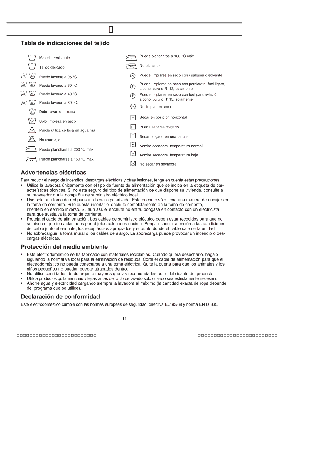 Samsung J1052VGW/XEC Apéndice, Tabla de indicaciones del tejido, Advertencias eléctricas, Protección del medio ambiente 