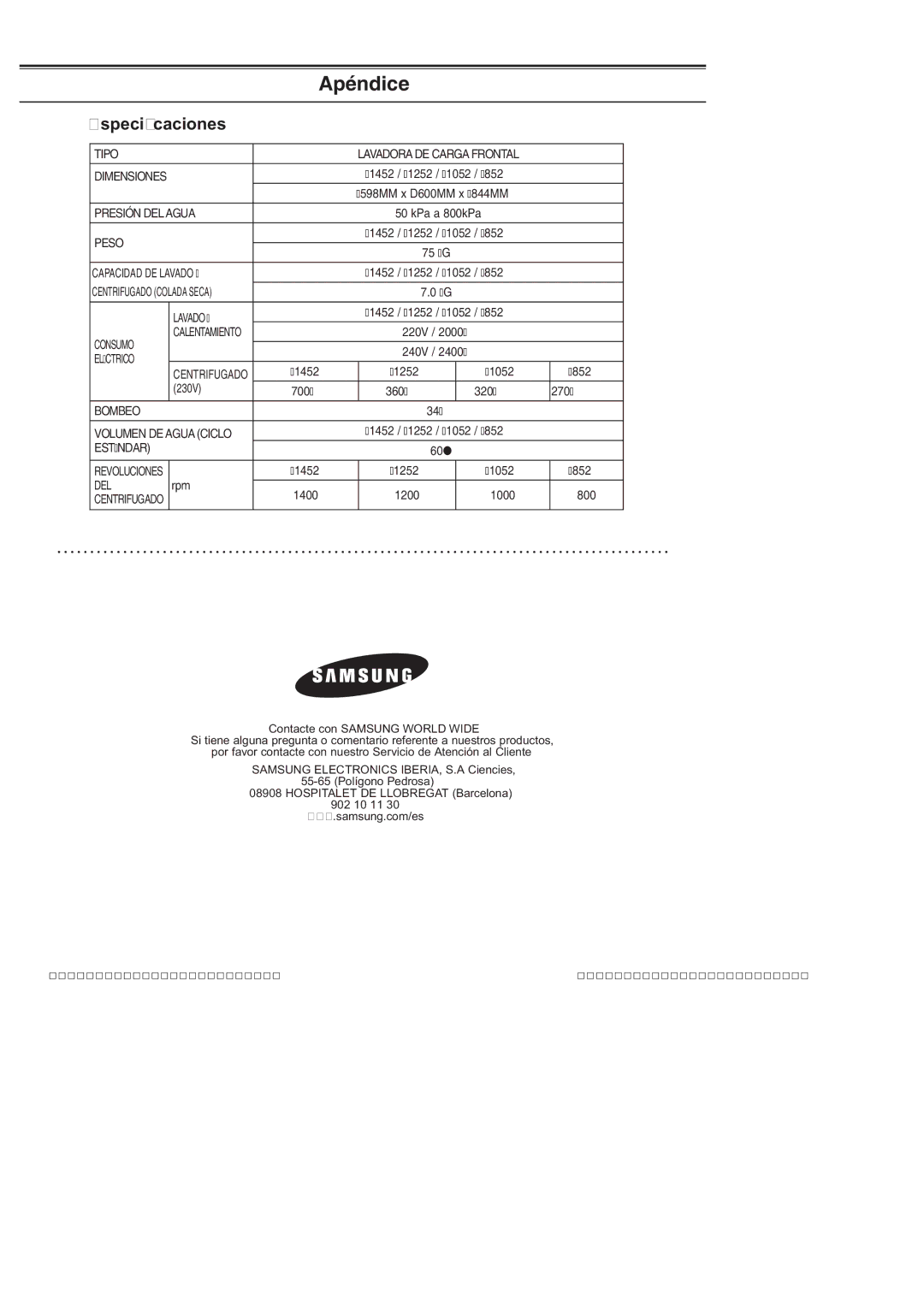 Samsung J1052VGW1/XEC, J852VGW1/XEC, J852VGW/XEC, J1052VGW/XEC manual Especiﬁcaciones, Del 