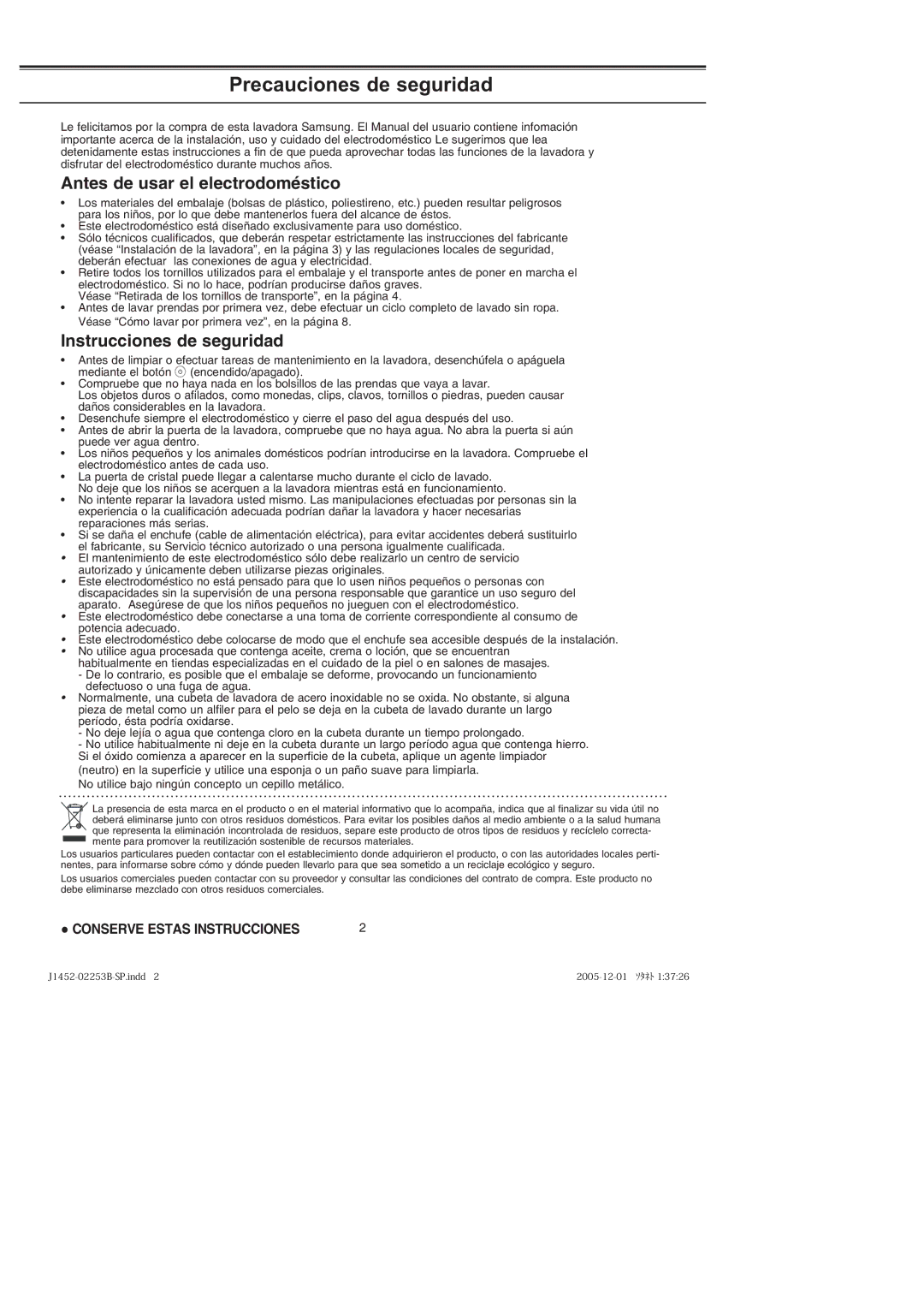 Samsung J852VGW/XEC, J852VGW1/XEC Precauciones de seguridad, Antes de usar el electrodoméstico, Instrucciones de seguridad 