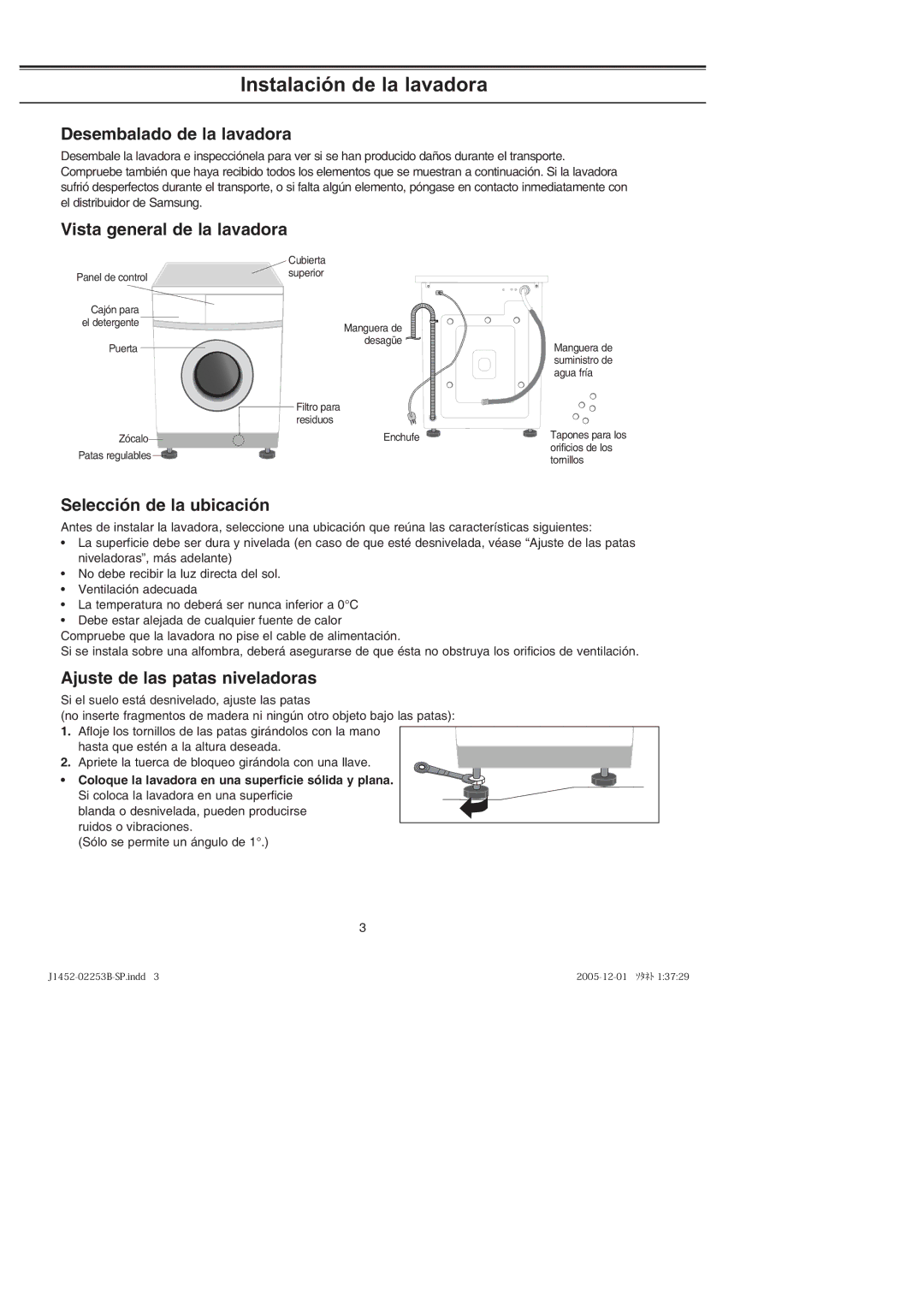 Samsung J1052VGW/XEC, J1052VGW1/XEC Instalación de la lavadora, Desembalado de la lavadora, Vista general de la lavadora 