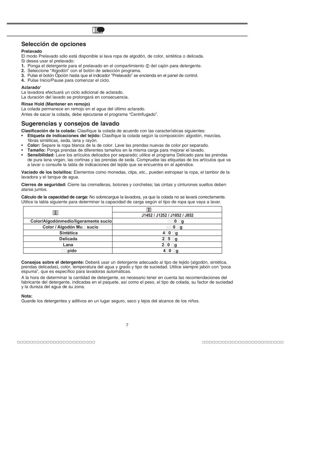 Samsung J1052VGW/XEC, J1052VGW1/XEC, J852VGW1/XEC, J852VGW/XEC manual Selección de opciones, Sugerencias y consejos de lavado 