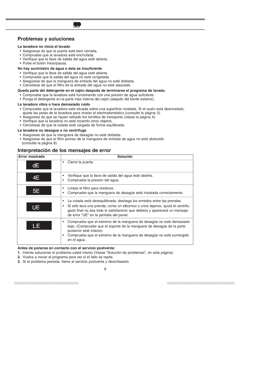 Samsung J852VGW1/XEC, J1052VGW1/XEC Solución de problemas, Problemas y soluciones, Interpretación de los mensajes de error 