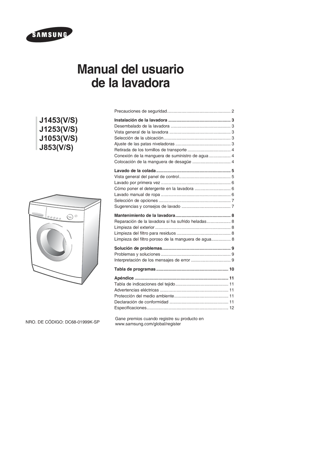 Samsung J853GW/XEC, J1053GW/XEC, J853GW1/XEC, J1053GW1/XEC manual Manual del usuario De la lavadora 