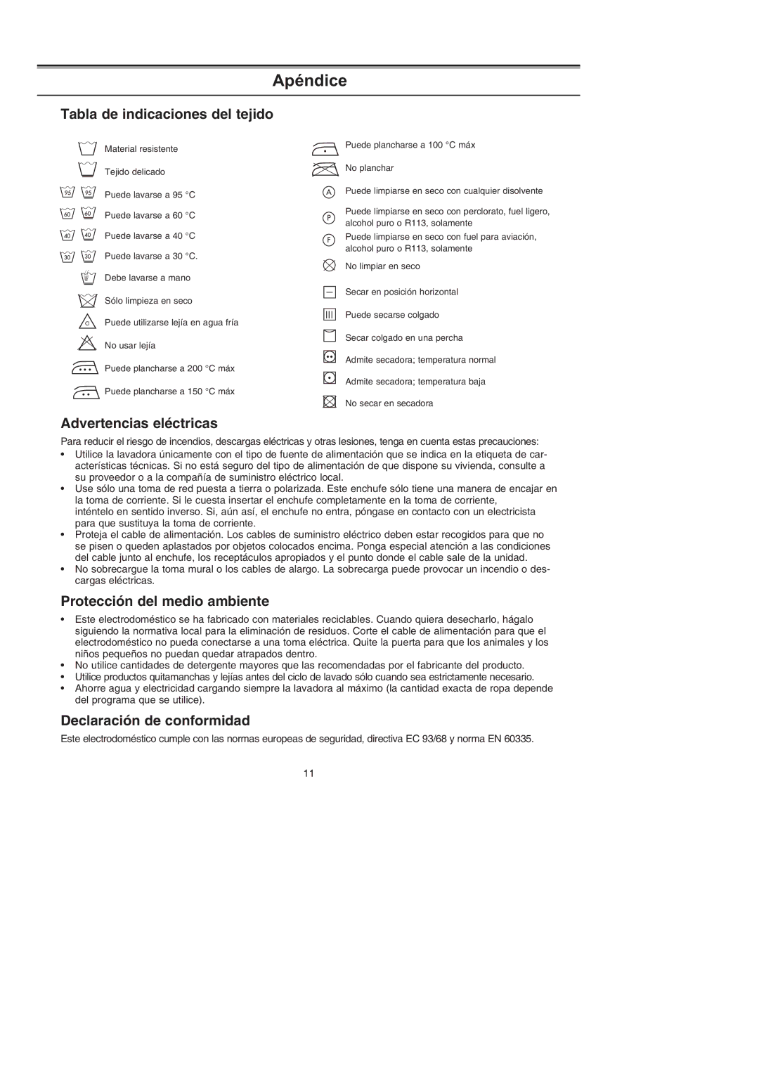 Samsung J1053GW1/XEC Apéndice, Tabla de indicaciones del tejido, Advertencias eléctricas, Protección del medio ambiente 