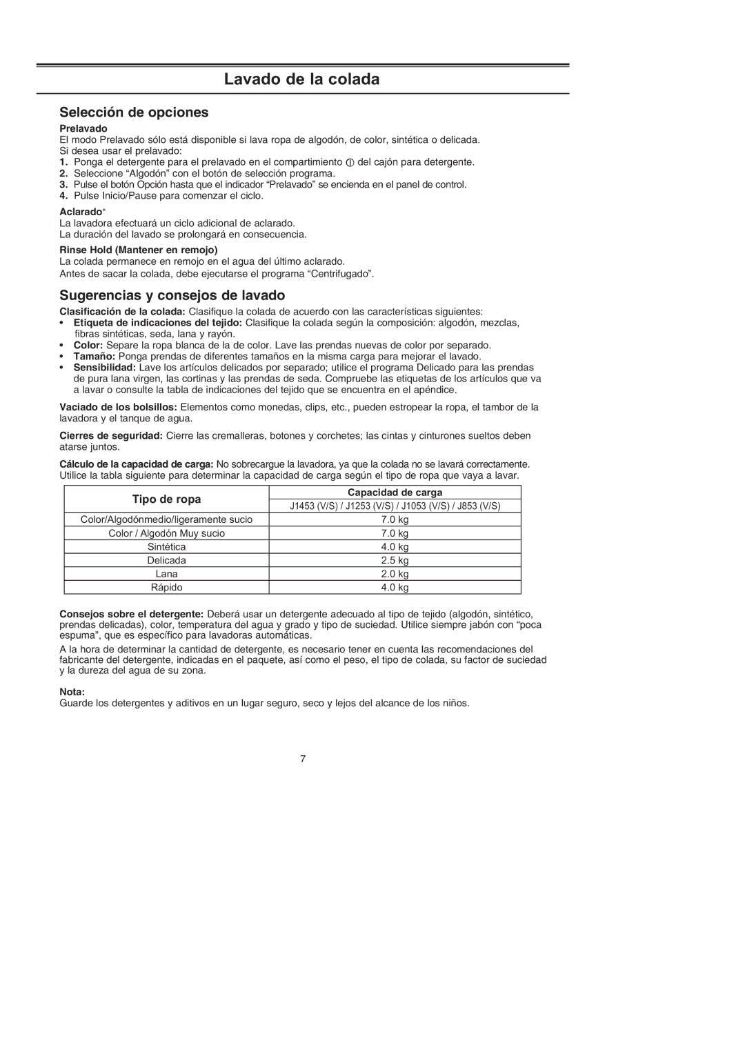 Samsung J1053GW1/XEC, J1053GW/XEC, J853GW/XEC, J853GW1/XEC manual Selección de opciones, Sugerencias y consejos de lavado 