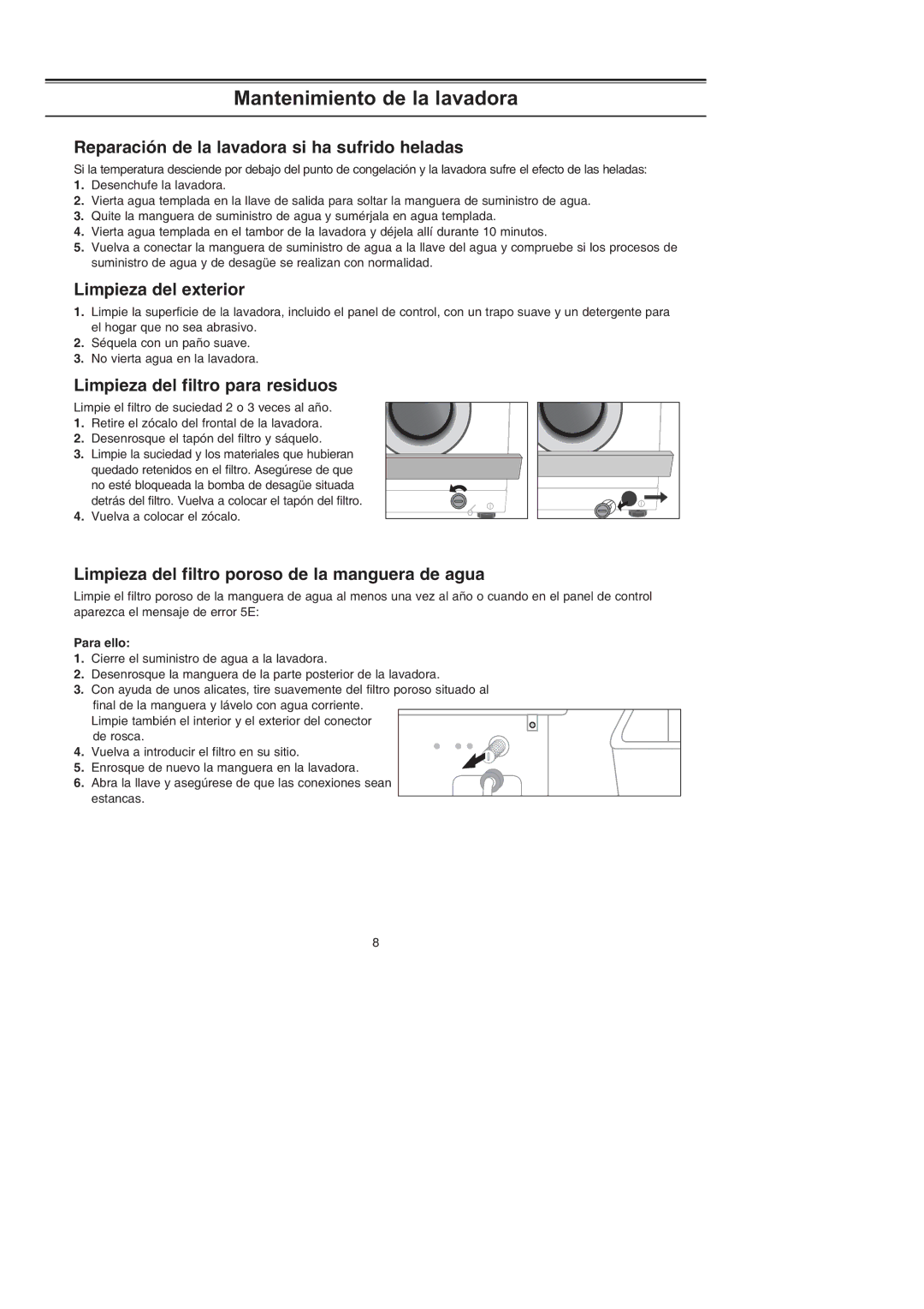 Samsung J1053GW/XEC Mantenimiento de la lavadora, Reparación de la lavadora si ha sufrido heladas, Limpieza del exterior 