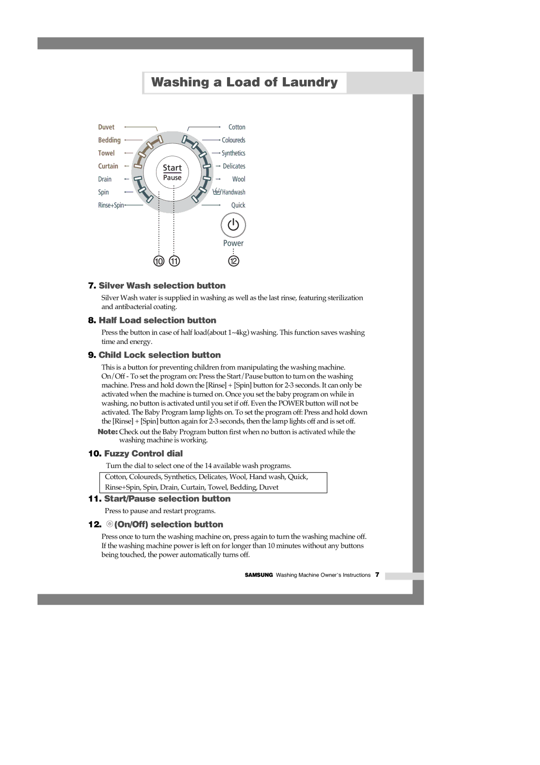 Samsung J1060A(V/S), J1460A(V/S), J1260A(V/S) manual Start/Pause selection button 