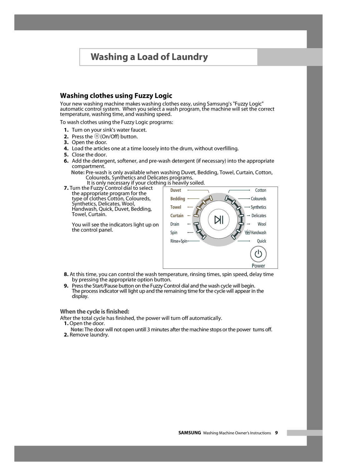 Samsung J1255AS, J1255AC, J1255AV, J1055AV, J1455AS, J855AC manual Washing clothes using Fuzzy Logic, When the cycle is finished 