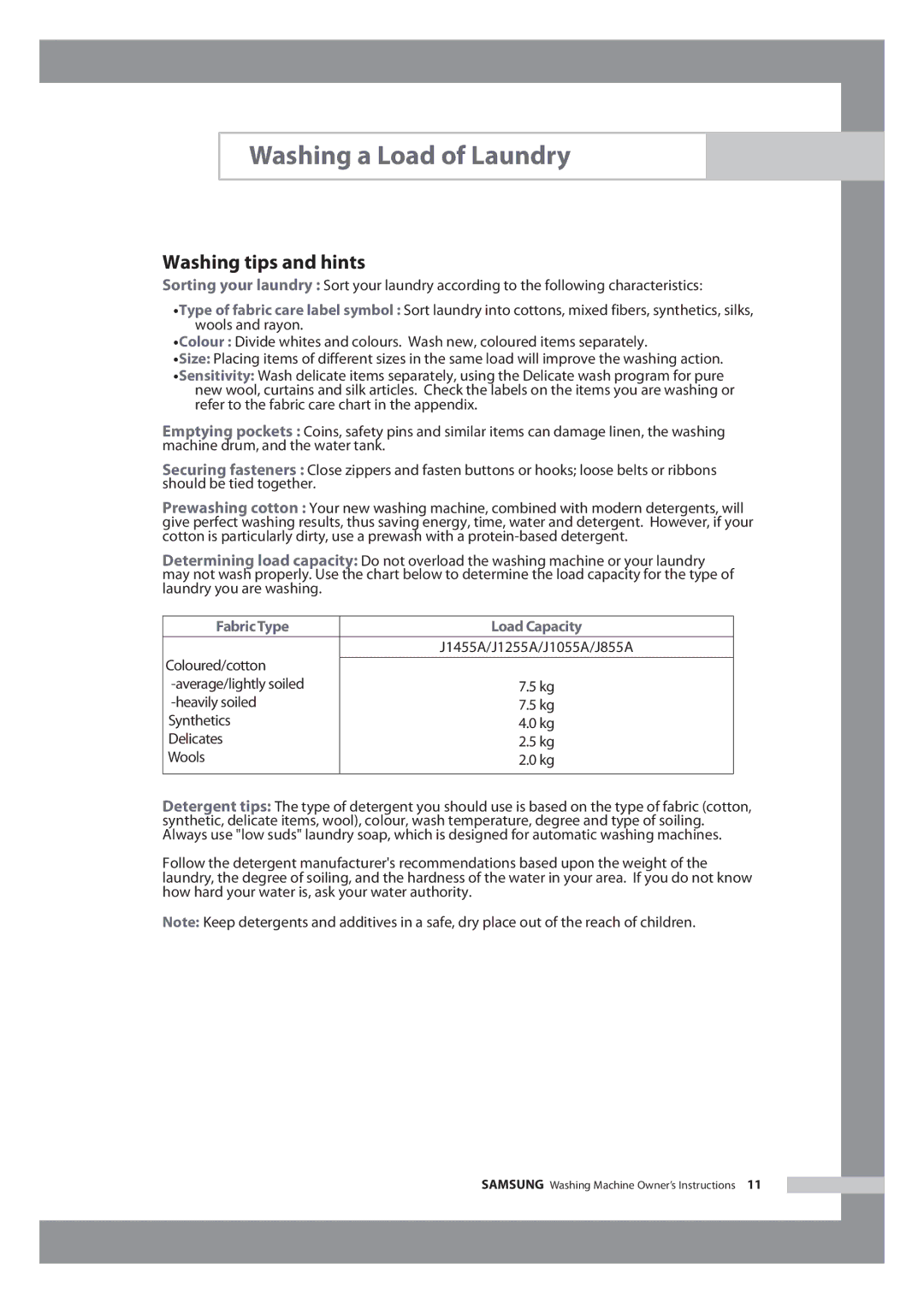 Samsung J1055AV, J1255AC, J1255AS, J1255AV, J1455AS, J855AC, J1055AS, J1055AC Washing tips and hints, Fabric Type Load Capacity 