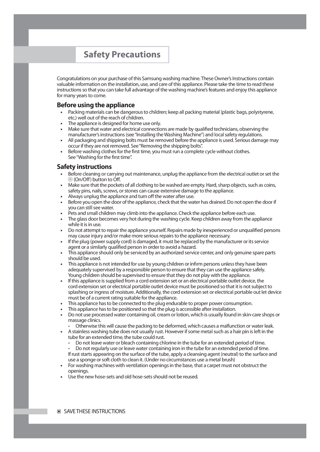 Samsung J1455AS, J1255AC, J1255AS, J1255AV, J1055AV manual Safety Precautions, Before using the appliance, Safety instructions 