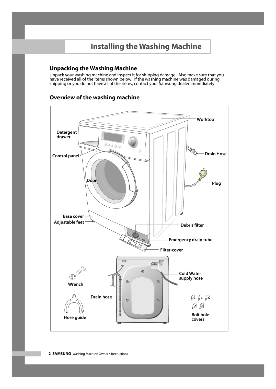 Samsung J1055AS, J1255AC Installing the Washing Machine, Unpacking the Washing Machine, Overview of the washing machine 