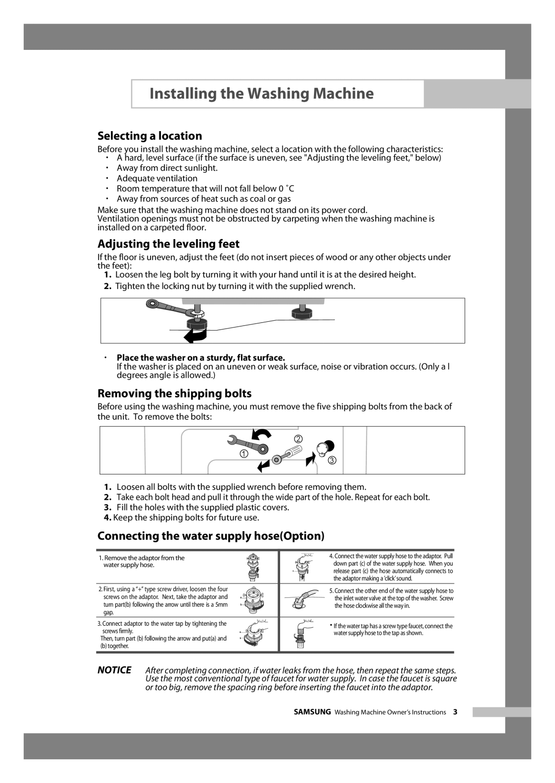 Samsung J1055AC, J1255AC, J1255AS, J1255AV Selecting a location, Adjusting the leveling feet, Removing the shipping bolts 