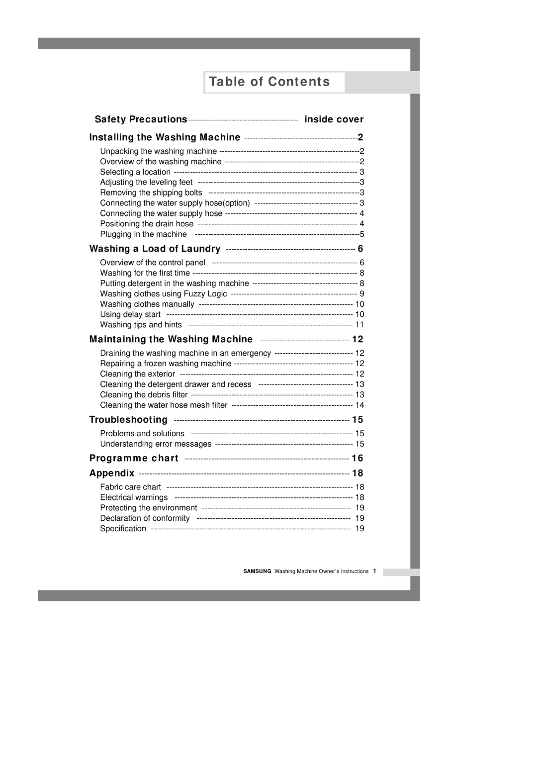 Samsung J1255AVEW/XSV manual Table of Contents 