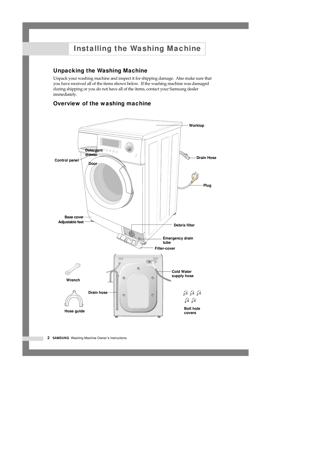 Samsung J1255AVEW/XSV manual Installing the Washing Machine, Unpacking the Washing Machine, Overview of the washing machine 