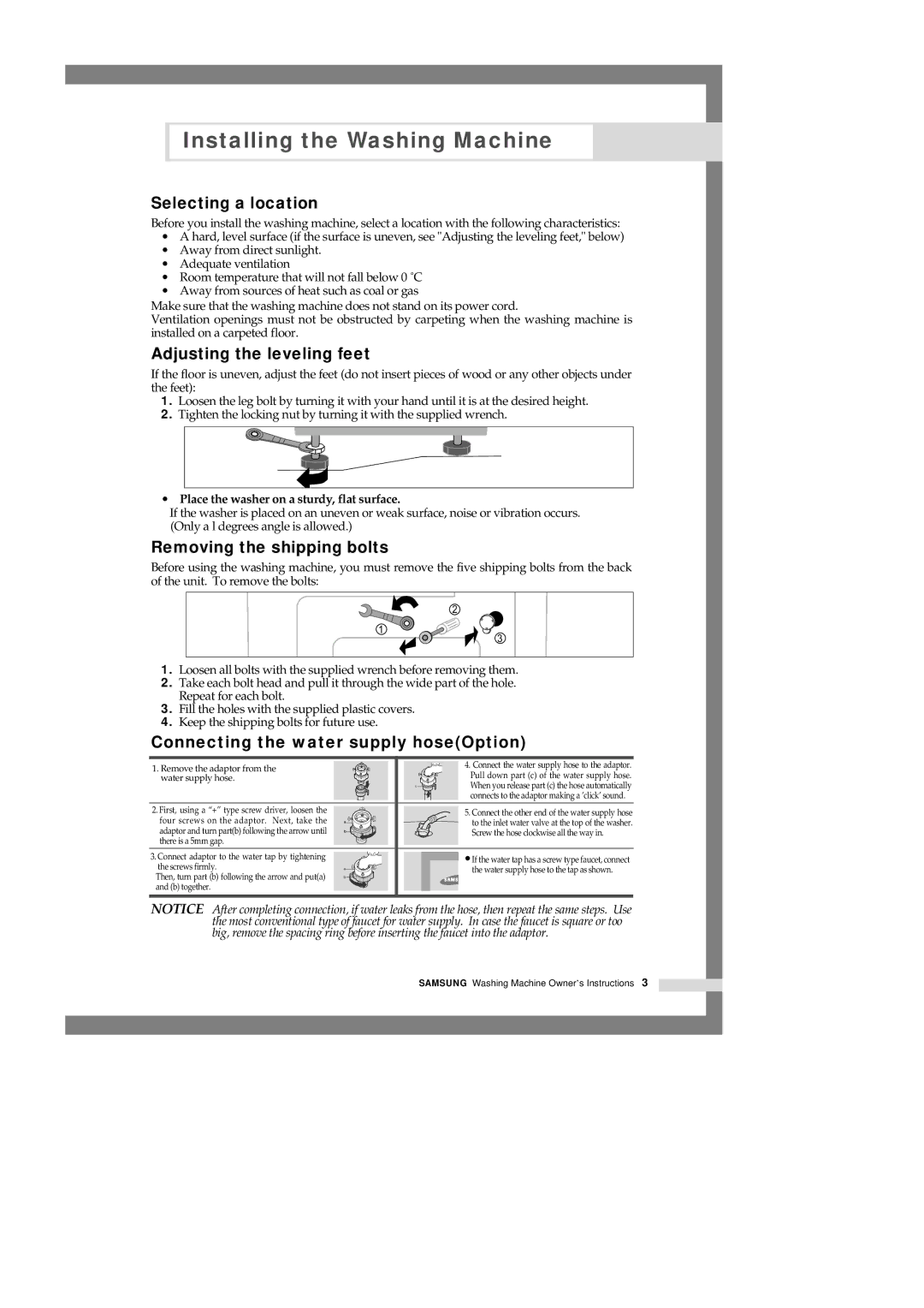 Samsung J1255AVEW/XSV manual Selecting a location, Adjusting the leveling feet, Removing the shipping bolts 