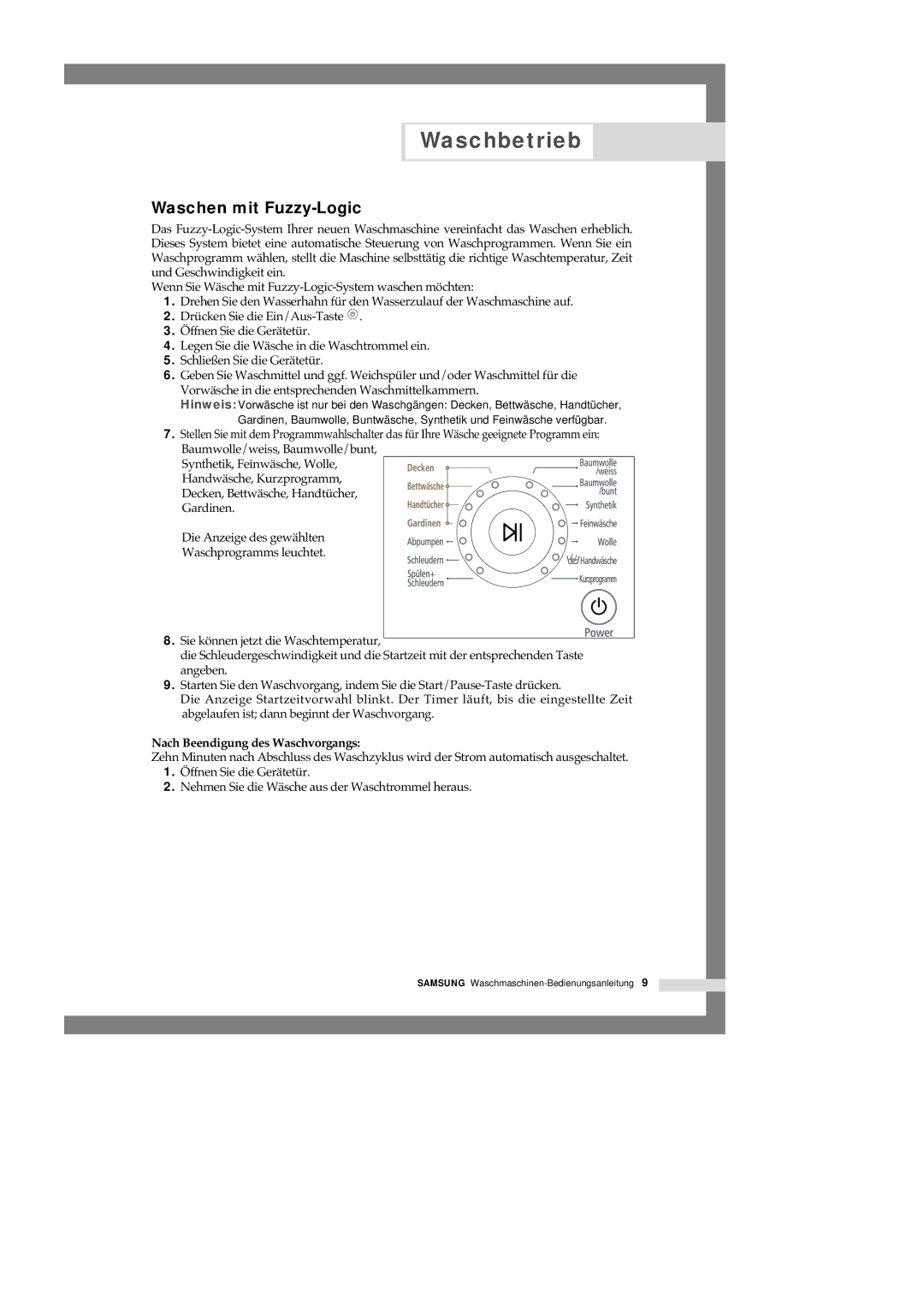 Samsung J1455GW/XEG, J1255GW/XEG manual Waschen mit Fuzzy-Logic, Nach Beendigung des Waschvorgangs 