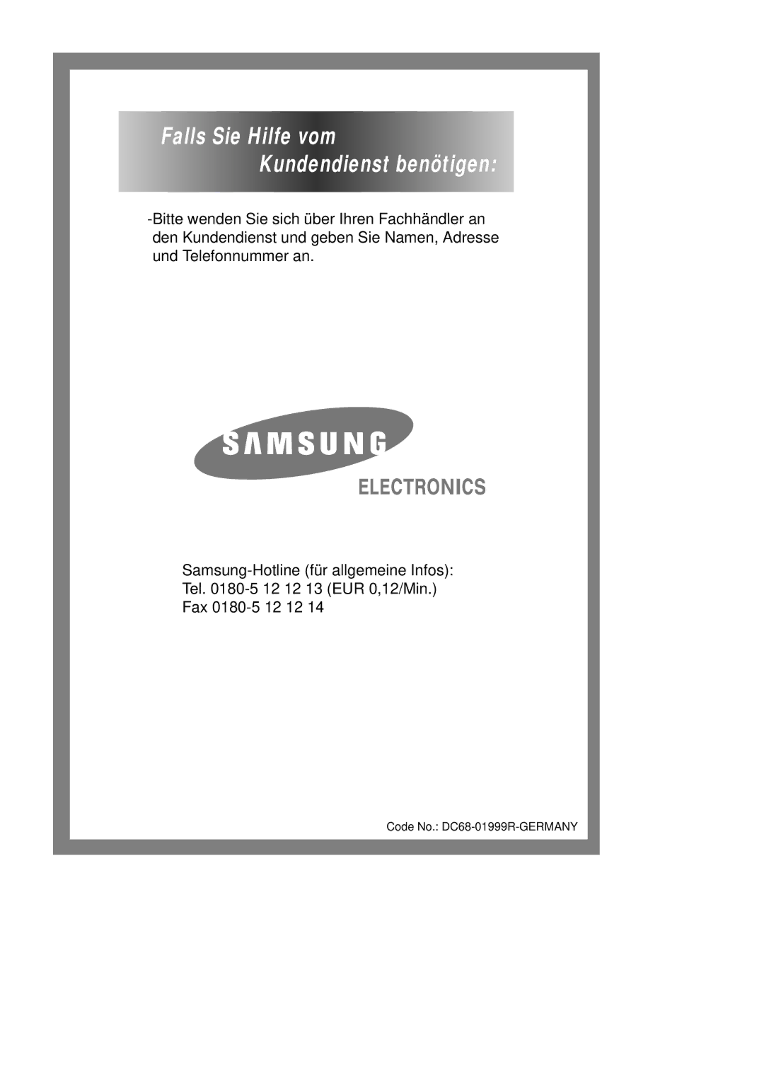 Samsung J1255GW/XEG, J1455GW/XEG manual Falls Sie Hilfe vom Kundendienst benötigen 