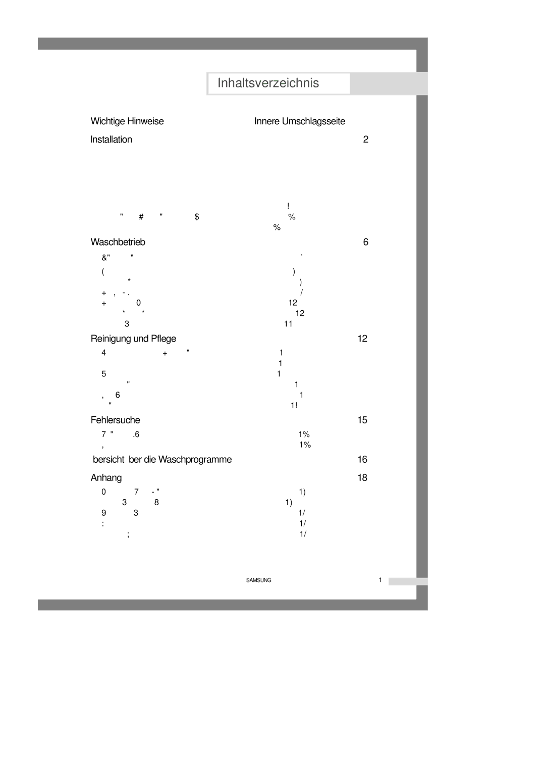 Samsung J1455GW/XEG, J1255GW/XEG manual Inhaltsverzeichnis, Innere Umschlagsseite, Übersicht über die Waschprogramme 