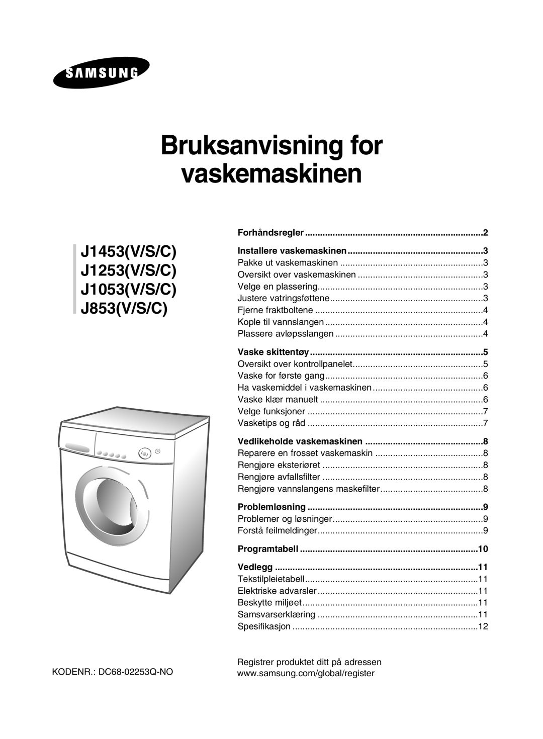 Samsung J1453GW/XEE manual KODENR. DC68-02253Q-NO, Tekstilpleietabell, Registrer produktet ditt på adressen 