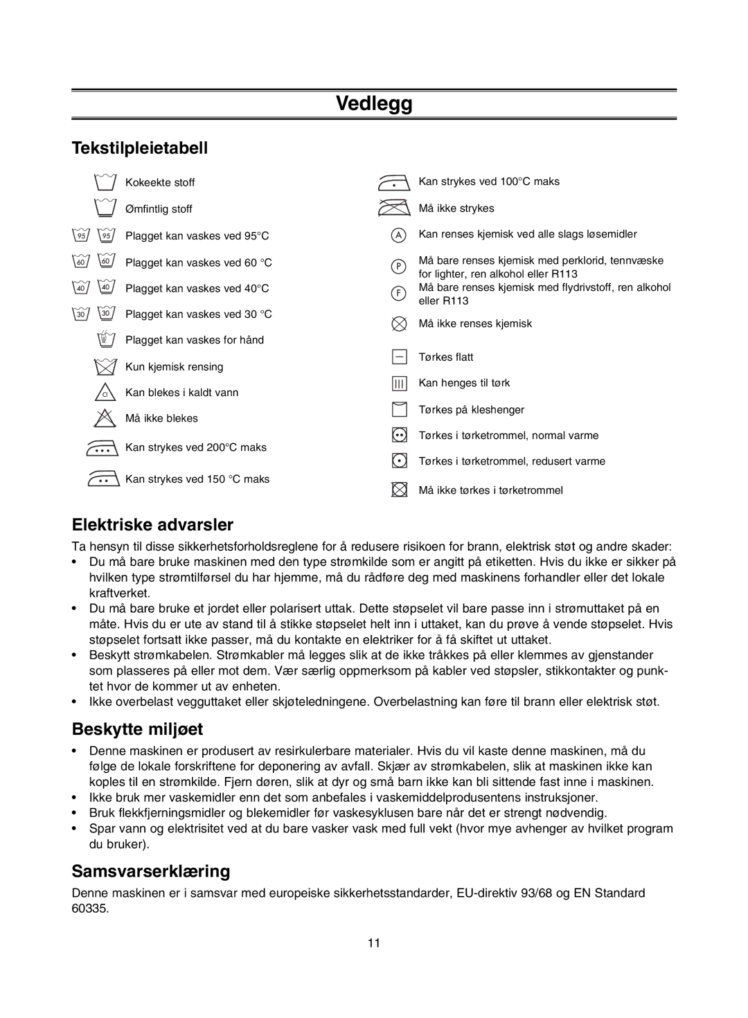 Samsung J1453GW/XEE manual Vedlegg, Tekstilpleietabell, Elektriske advarsler, Beskytte miljøet, Samsvarserklæring 