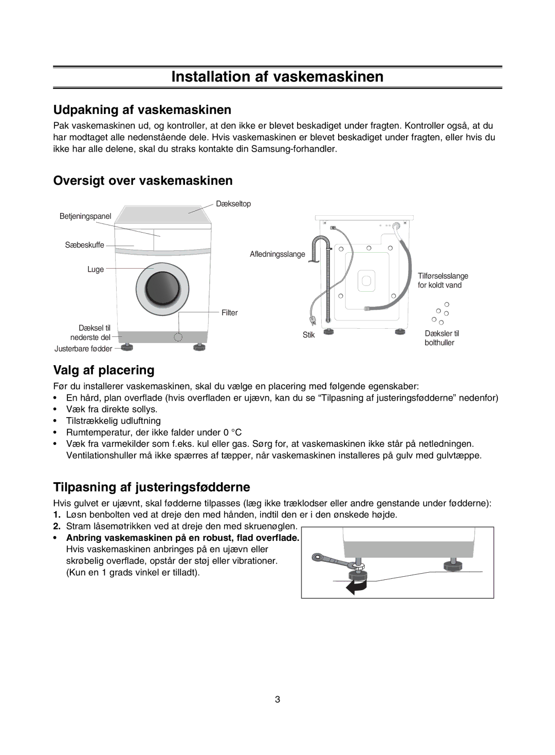 Samsung J1453GW/XEE manual Installation af vaskemaskinen, Udpakning af vaskemaskinen, Oversigt over vaskemaskinen 