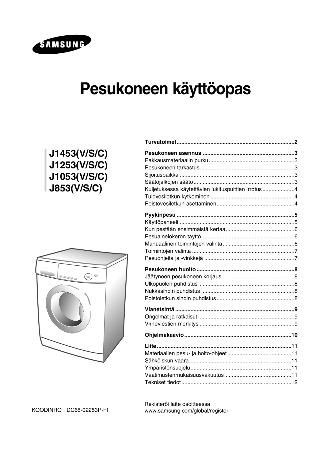 Samsung J1453GW/XEE manual Pesukoneen käyttöopas 