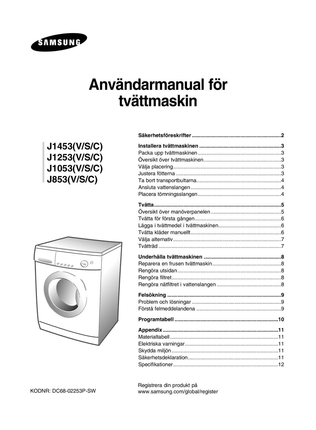 Samsung J1453GW/XEE Användarmanual för Tvättmaskin 