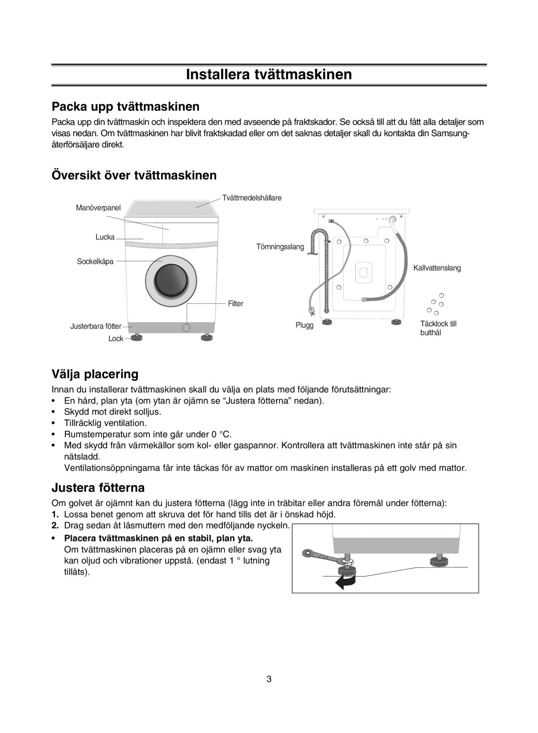 Samsung J1453GW/XEE manual Installera tvättmaskinen, Packa upp tvättmaskinen, Översikt över tvättmaskinen, Välja placering 