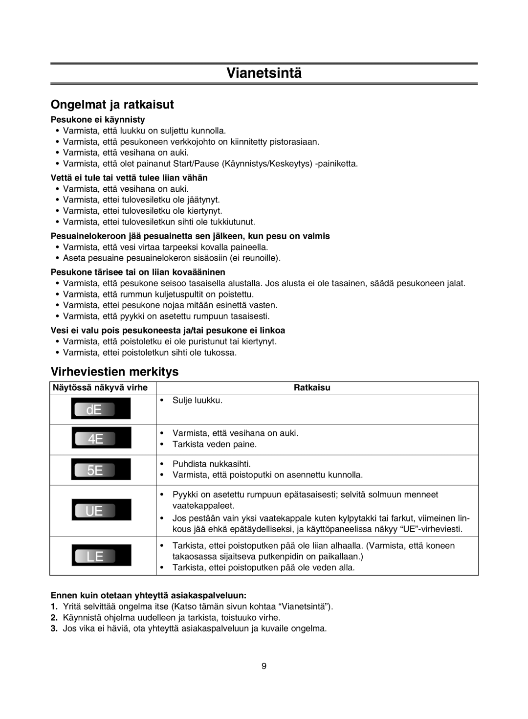 Samsung J1453GW/XEE manual Vianetsintä, Ongelmat ja ratkaisut, Virheviestien merkitys 