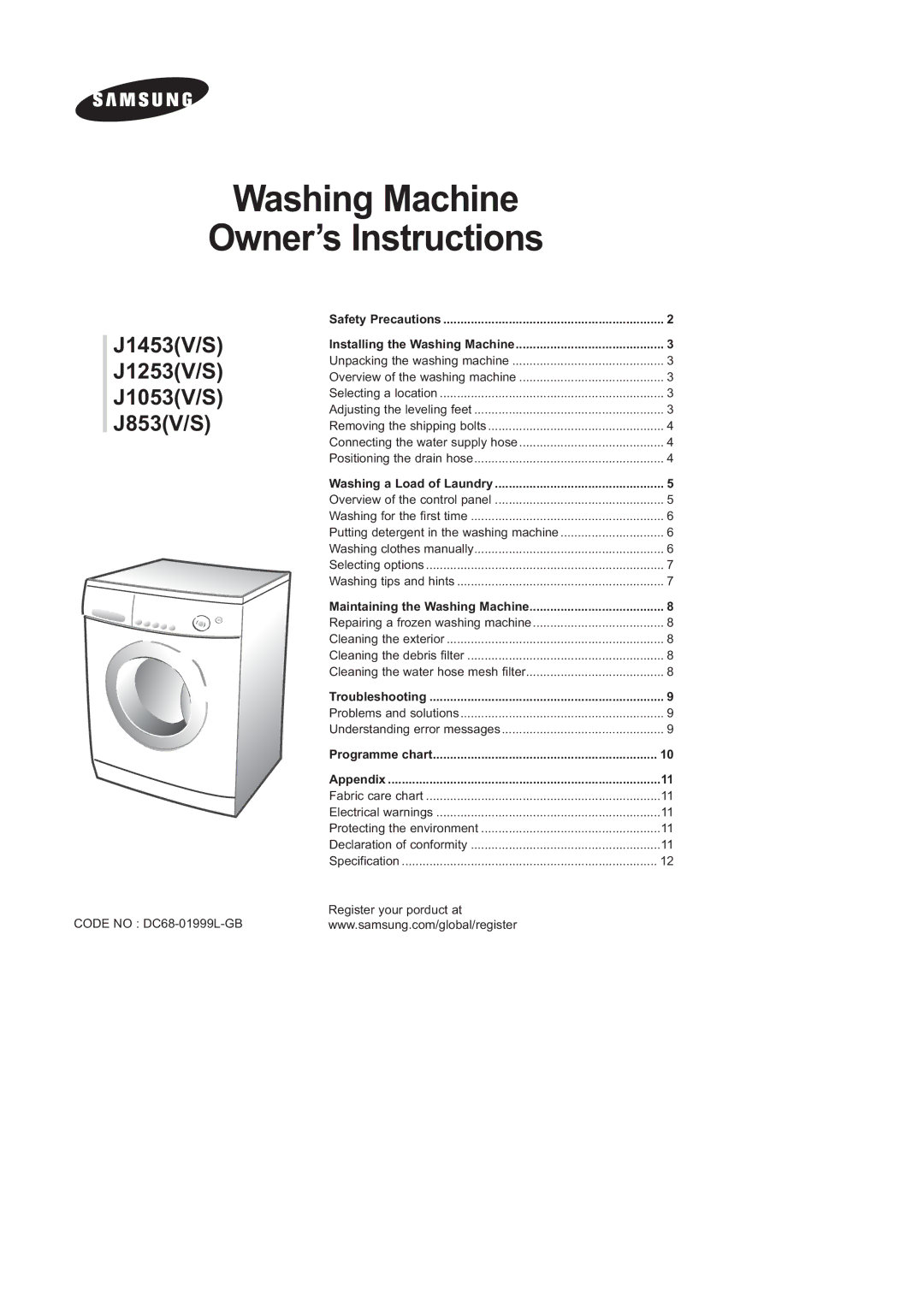 Samsung J1253GW/XEG, J1453GW/XEG manual Washing Machine Owner’s Instructions 