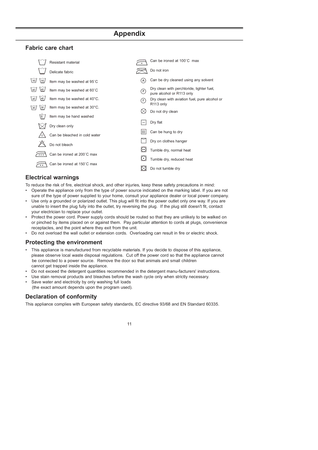 Samsung J1253GW/XEG, J1453GW/XEG manual Appendix, Fabric care chart, Electrical warnings, Protecting the environment 