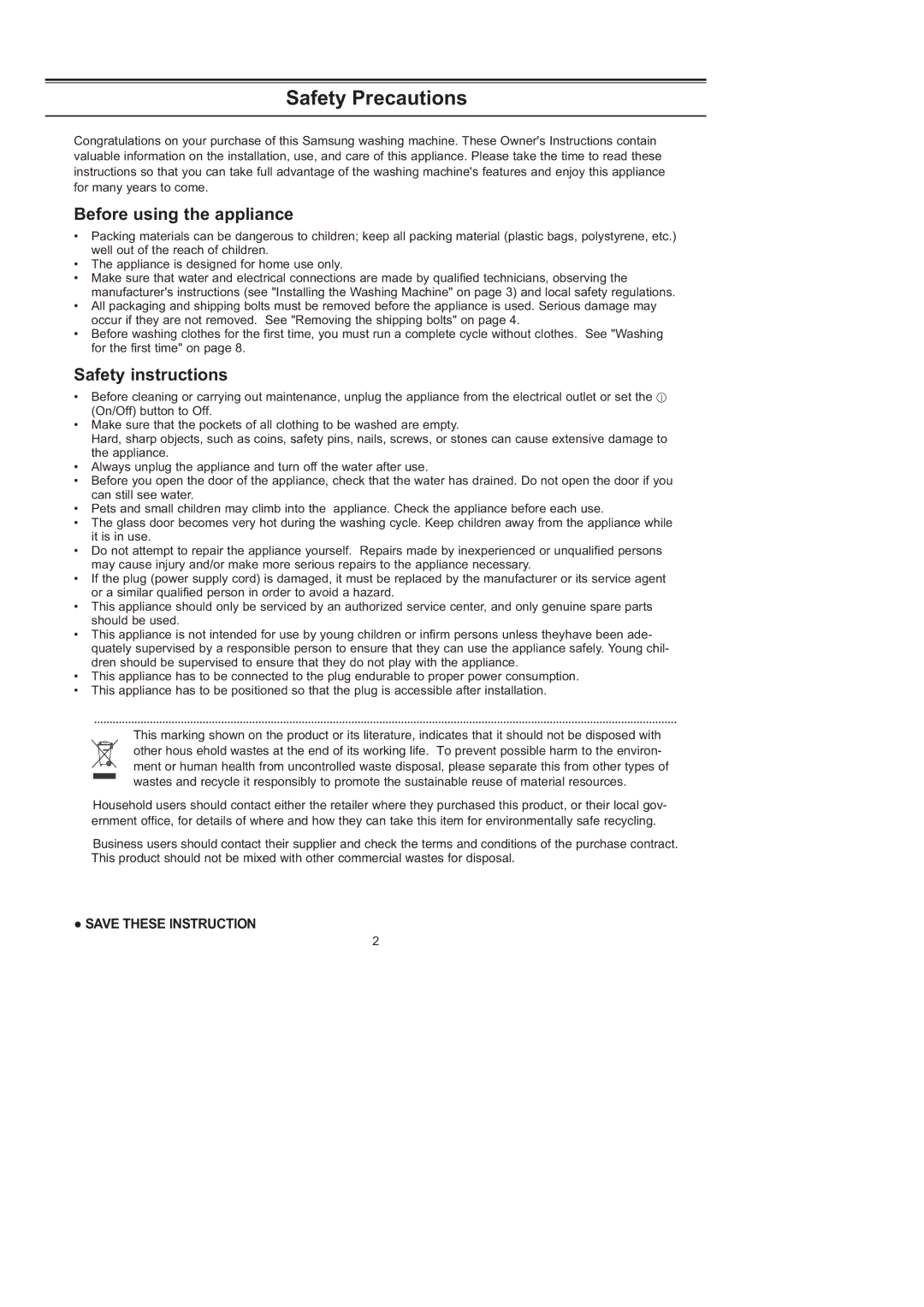 Samsung J1453GW/XEG, J1253GW/XEG manual Safety Precautions, Before using the appliance, Safety instructions 