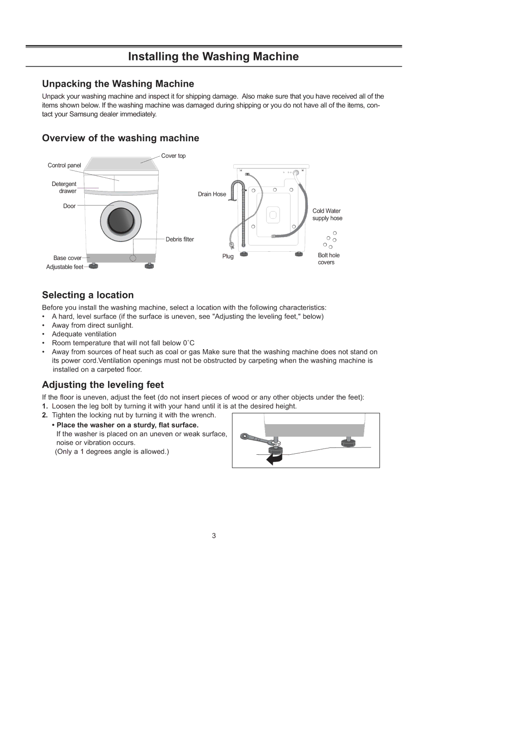 Samsung J1253GW/XEG manual Installing the Washing Machine, Unpacking the Washing Machine, Overview of the washing machine 