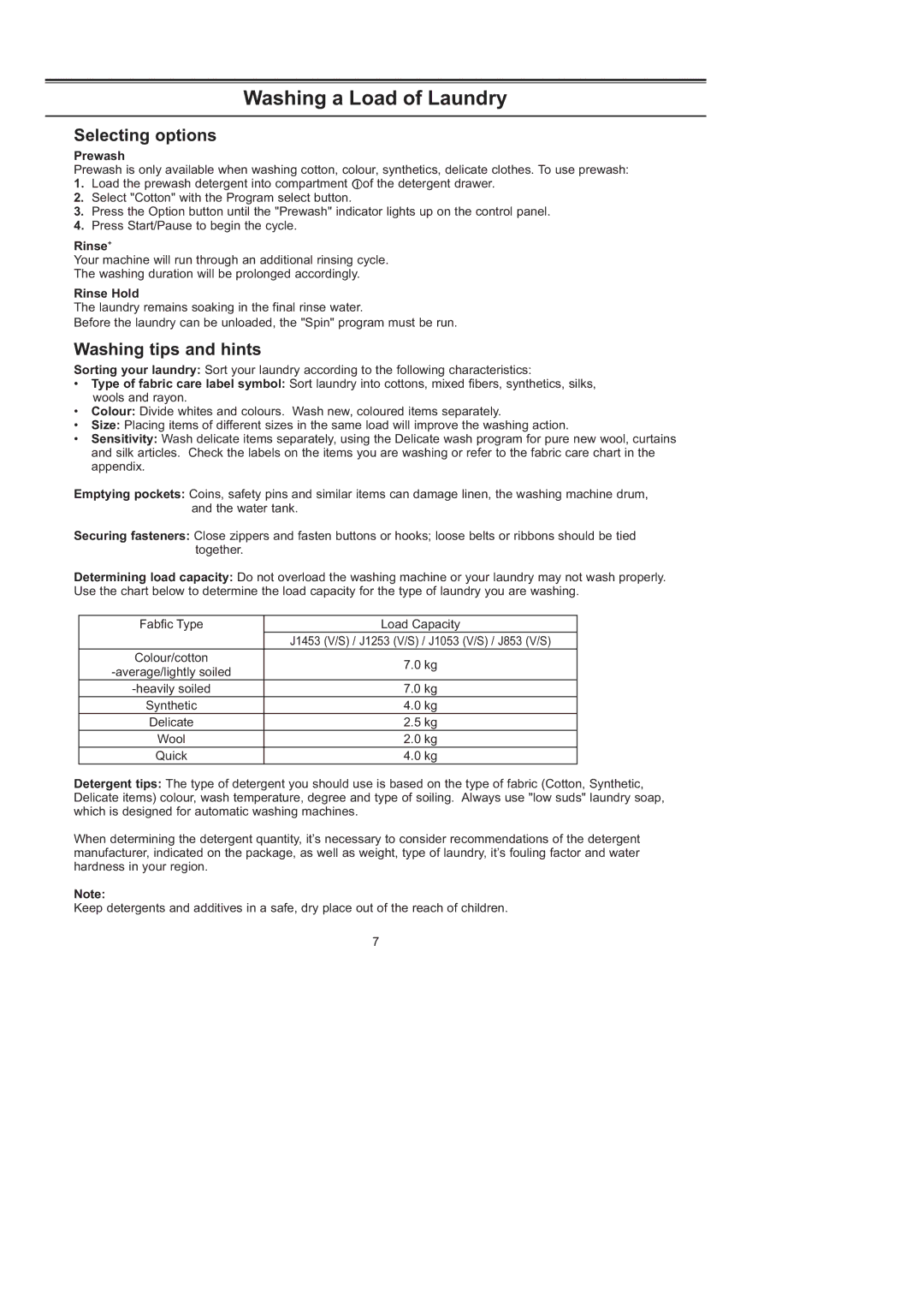 Samsung J1253GW/XEG, J1453GW/XEG manual Selecting options, Washing tips and hints, Prewash, Rinse+, Rinse Hold 