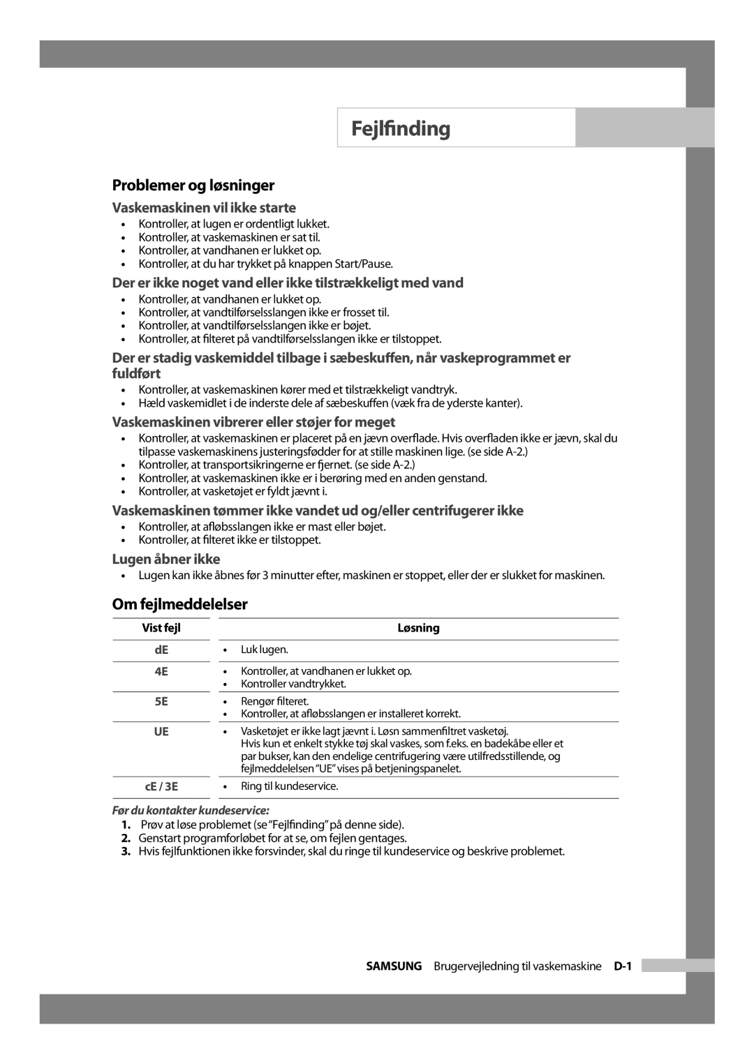 Samsung J1255AVGW/XEE, J1455AVGW/XEE manual Fejlﬁnding, Problemer og løsninger, Om fejlmeddelelser 