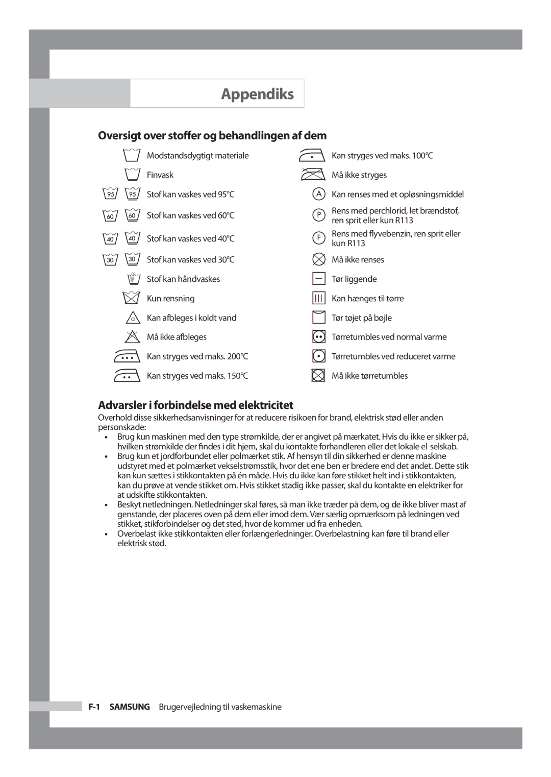 Samsung J1455AVGW/XEE Appendiks, Oversigt over stoﬀer og behandlingen af dem, Advarsler i forbindelse med elektricitet 