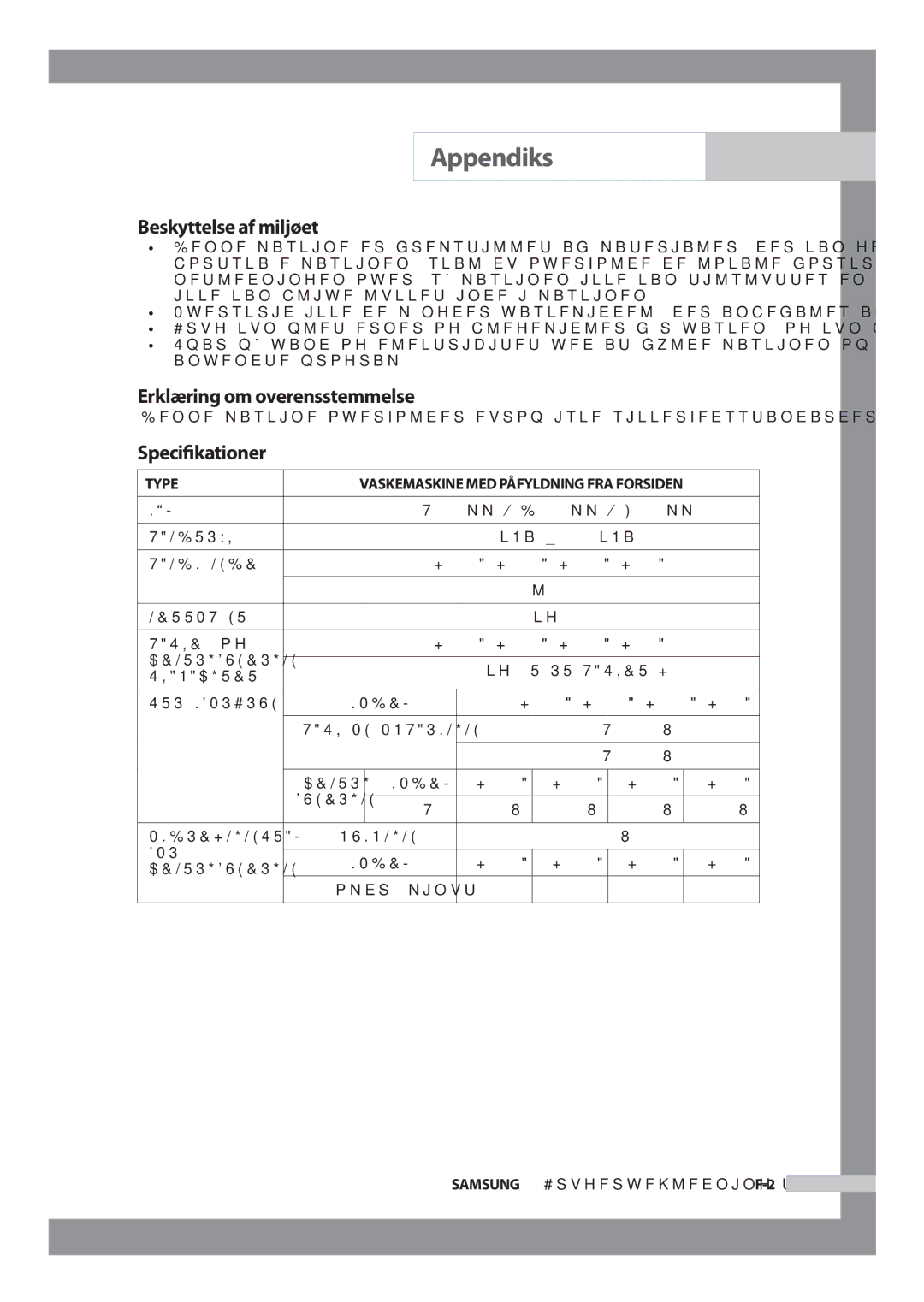 Samsung J1255AVGW/XEE, J1455AVGW/XEE manual Beskyttelse af miljøet, Erklæring om overensstemmelse, Speciﬁkationer 